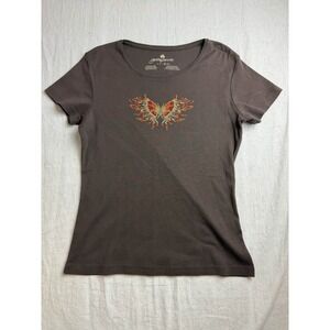 Greensource Butterfly Rhinestone Top Womens XL Brown Y2K Fairycore Grunge Bling